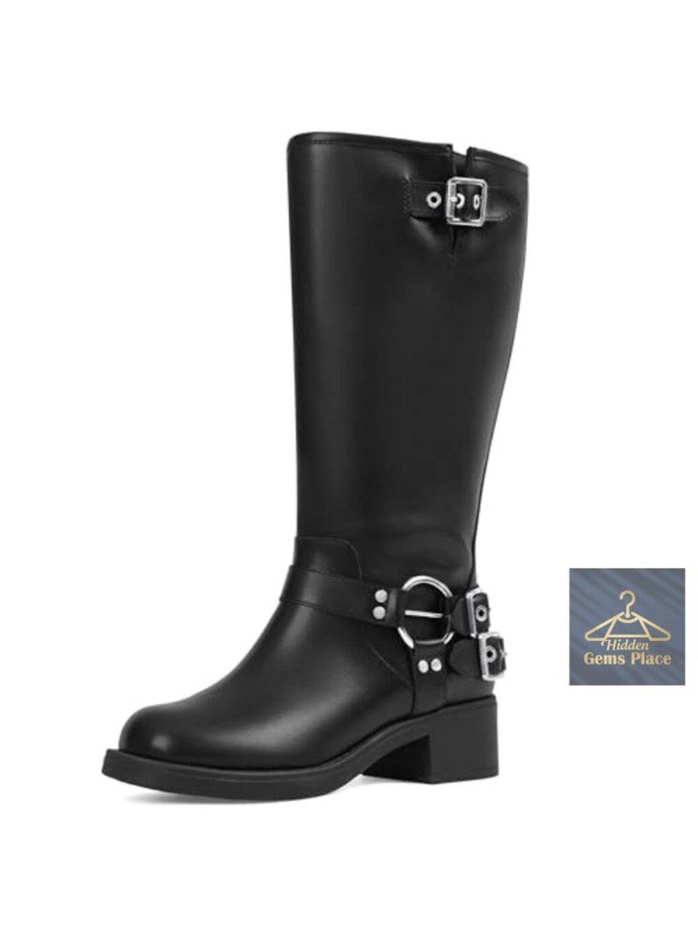 Wide Calf Knee High Boots Women Motorcycle Buckle Chunky Block Heel Lace Up